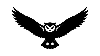Black owl with wings spread with transparent background