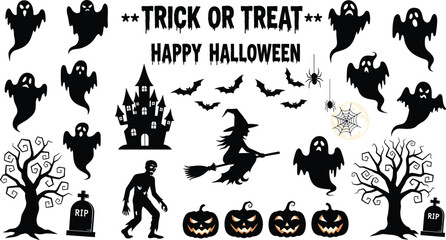 Halloween ghosts bats witch pumpkin zombie haunted house tombstone trees spider web trick or treat text vector illustration set.