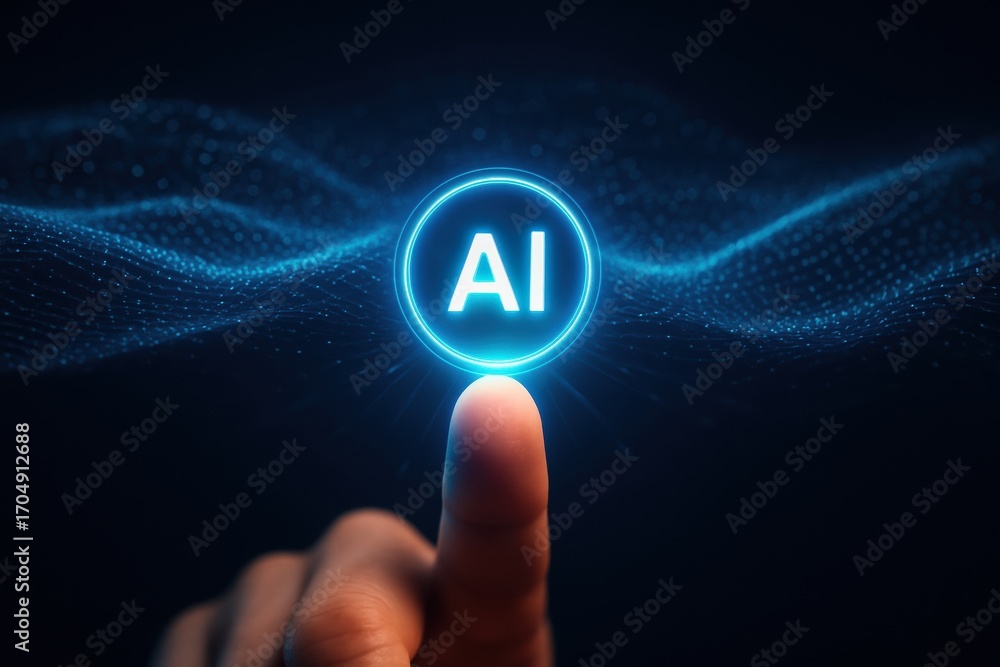 Aufkleber ai automatic task system. digital hand touching an illuminated ai symbol amidst a wave of data parti