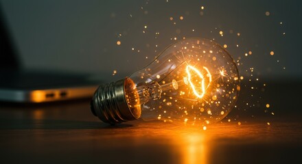 Exploding light bulb with bright orange sparks and glowing filament