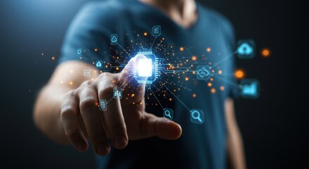 Person touching glowing digital interface with abstract data streams