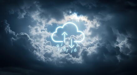 Glowing cloud icon with data transfer arrows amidst dramatic stormy clouds