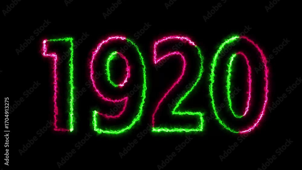 Poster 1920 neon line text animation. 1920 year text effect with neon glow. colorful 1920 typography effect