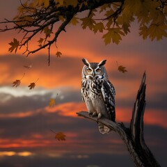 Obraz premium Great horned owl perched on a branch at sunset with falling leaves