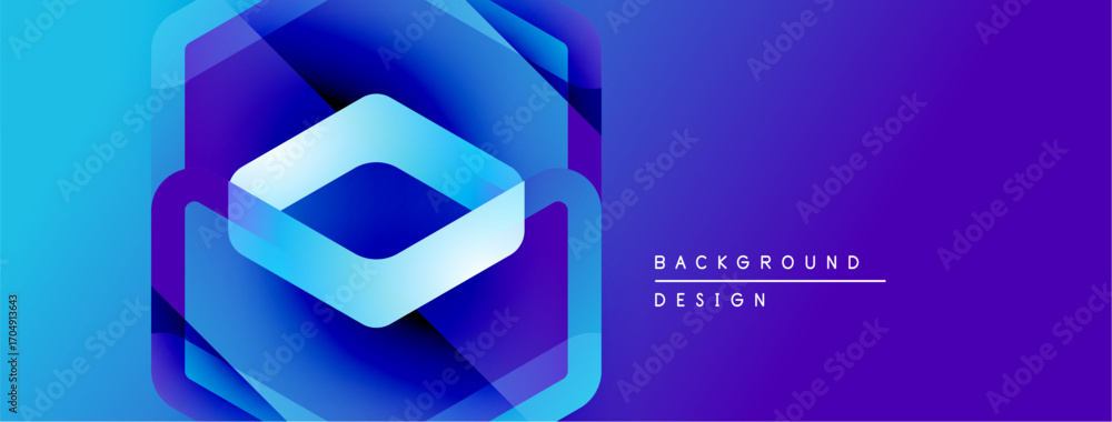 Poster abstract geometric design. blue gradients create layered hexagon shape. purple background complement