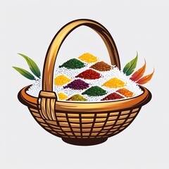 Traditional Woven Basket Overflowing with White Rice and Multicolored Culinary Delights