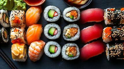 Assorted Sushi Platter with Wasabi and Soy Sauce