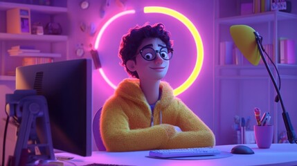 3D cartoon style, Stylish boy video blogger near computer in home studio lit by round LED neon lamp, camera and microphone nearby