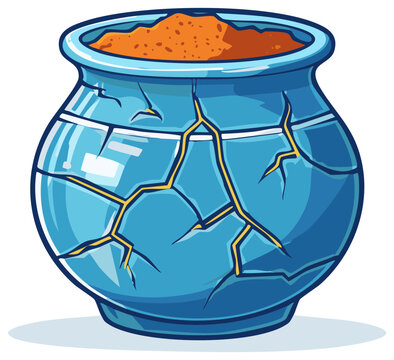 Cracked Ceramic Pot Containing Earthy Soil Illustration Cartoon Style