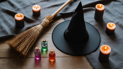 A witch's hat, broom, potion bottles, and candles arranged on a wooden surface with draped cloth .