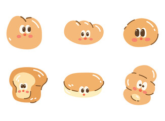 Cute cartoon kawaii bread. Cartoon doodle illustration set. Vector illustration in cartoon style.