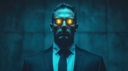 A business-suited man stands confidently with dollar symbols reflecting in his sunglasses, conveying a bold message of wealth and ambition