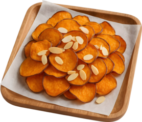 A healthy snack with almond slices on top of sweet potato chips, without background