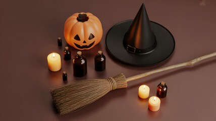A halloween still life featuring a jack o lantern witch hat broom candles and potion bottles on brown .