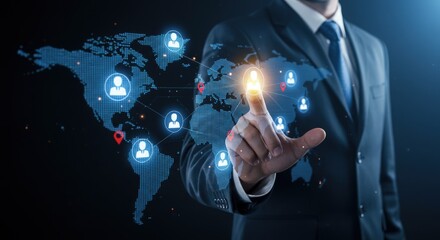 Businessman interacting with global network of people on digital world map