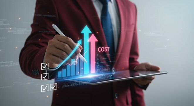 Businessman analyzing financial growth charts on a digital tablet