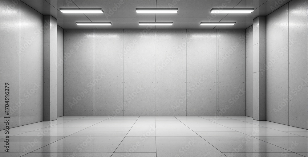 Poster Futuristic empty room interior with glossy tile floor and illuminated ceiling lights in minimal grey style for modern background or creative concept use. Ai generative