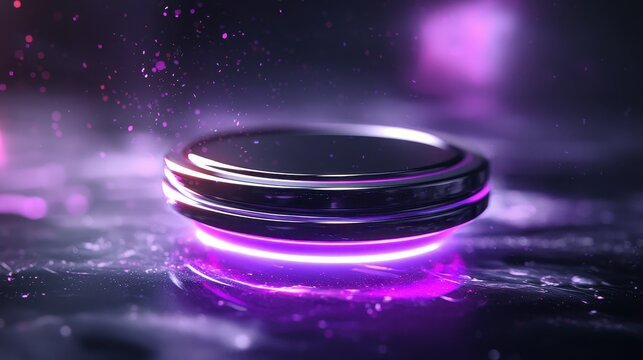A futuristic, glowing disc hovers over a reflective surface, surrounded by a mist of purple particles, creating a captivating sci-fi atmosphere.