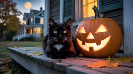 A black cat sits beside a jack o lantern on a porch at night with a full moon in the background .