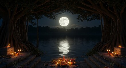 Kojagiri full moon lake, silver reflection of full moon on calm lake surrounded by banyan trees,
