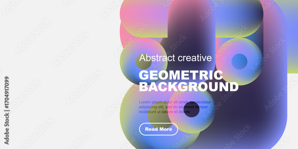 Poster abstract geometric background features colorful overlapping shapes, text, button. modern design, vib