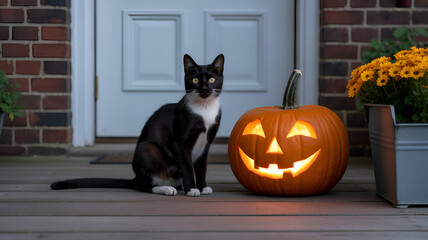 A tuxedo cat sits next to a lit jack o lantern on a porch with flowers and a white door behind it .