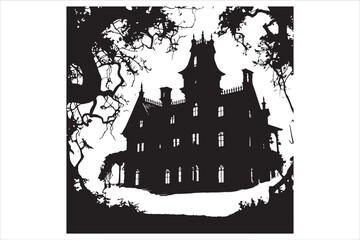 Obraz premium Halloween Silhouette T-Shirt – Spooky Haunted House Graphic Tee
