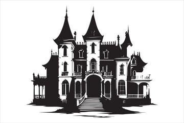 Obraz premium Halloween Silhouette T-Shirt – Spooky Haunted House Graphic Tee