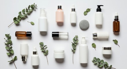 Obraz premium Skincare Products and Eucalyptus Leaves on White Background.