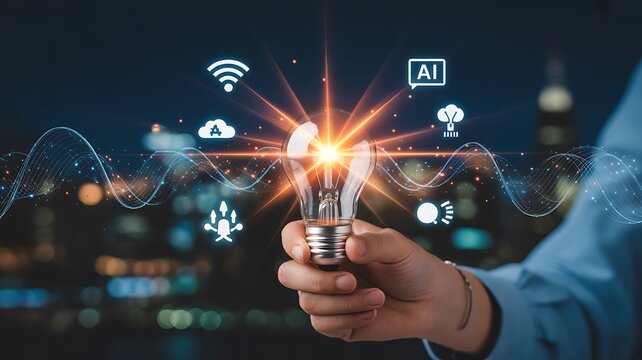 Hand holding glowing light bulb with technology icons and city lights - Powered by Adobe