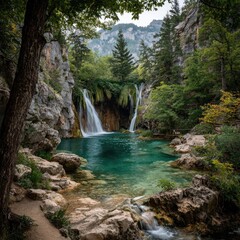 Obraz premium Scenic Waterfall and Turquoise Pool in Nature