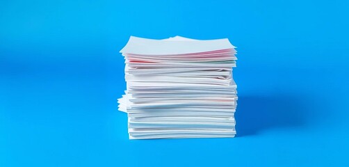 Neat stack of white papers on a vibrant blue background ,  report,  archive