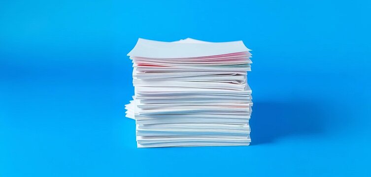 Neat stack of white papers on a vibrant blue background ,  report,  archive
