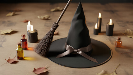 A witch hat and broom with potions and candles on a wooden surface with scattered leaves around it .
