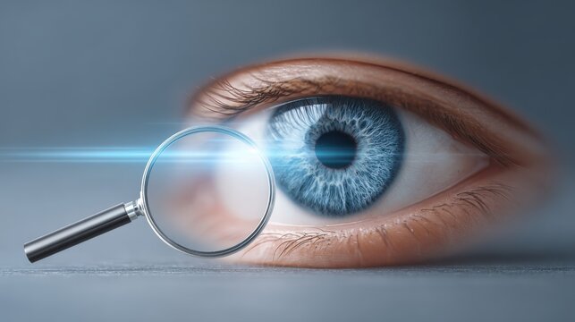 A close-up of a human eye and magnifying glass, with straight beams of light radiating outward, symbolizing focus, concentration, and flow state.