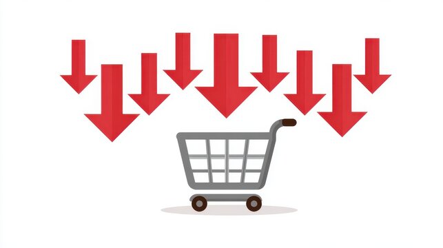 Declining customer confidence concept. A downward arrow symbolizing reduced confidence in spending and a decrease in domestic consumption and services.