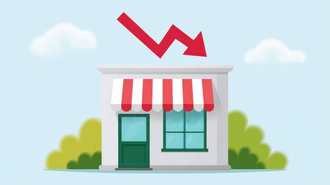 Declining customer confidence concept. A downward arrow symbolizing reduced confidence in spending and a decrease in domestic consumption and services.