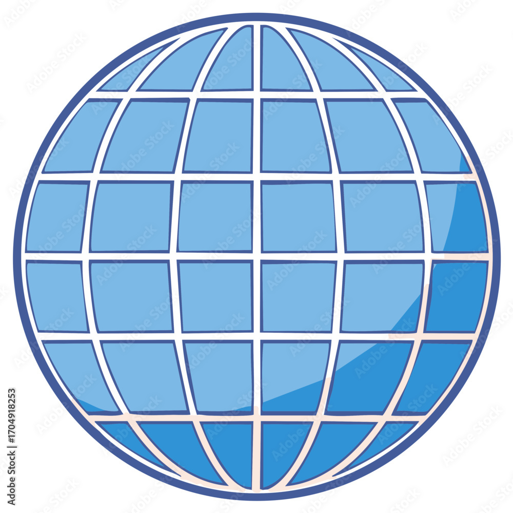 Poster hand drawn blue globe with grid lines representing global communication and world wide web connectio