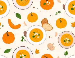 Seamless pattern of pumpkin soup and fall ingredients