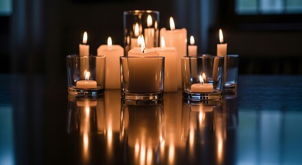 Illuminated candles create a calming and meditative atmosphere indoors