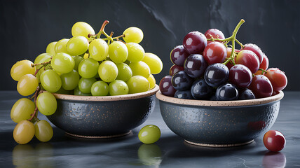 Fresh Green and Red Grapes in Ceramic Bowls
