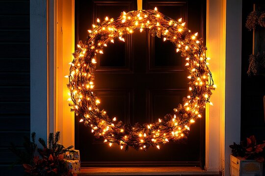 Twinkling fairy lights enhance a festive Christmas wreath on a cozy home entrance at night