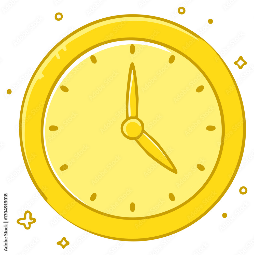 Poster cheerful yellow hand-drawn clock icon with abstract sparkle details representing time and schedule