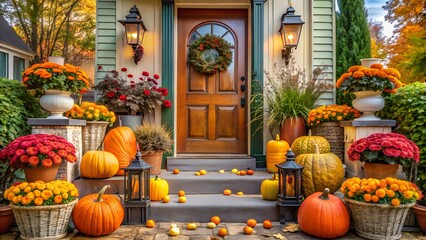 Front door decorated for fall with pumpkins and mums