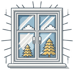 Cartoon winter scene viewed through a window with two evergreen trees and clouds