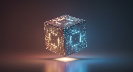 Fototapeta premium A glowing cube radiating holographic patterns, symbol of innovation.