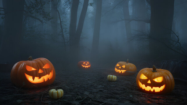 Halloween pumpkins glowing in a dark foggy forest with tall trees and a spooky atmosphere at night time .