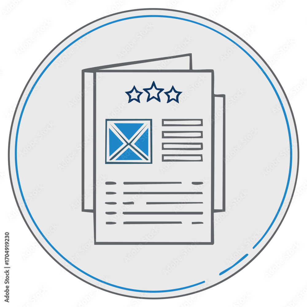Poster hand drawn icon of a document with stars and image placeholder representing review or rating