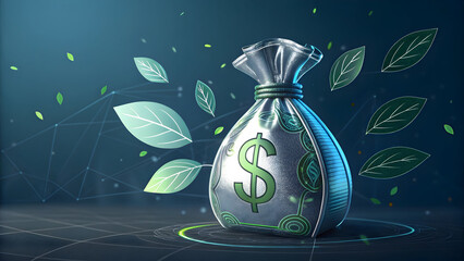 Futuristic money bag with digital dollar symbol and floating leaves image