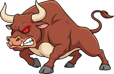 Angry cartoon bull in aggressive stance with red eyes, muscular body, charging pose, wild animal mascot for sports and finance